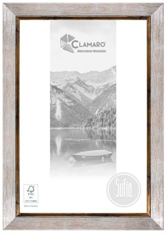 CLAMARO 'SOFIA' Bilderrahmen Antik 15x20 Massivholz | Silber Gold | 50 mm breite Shabby Chic Vintage Barock Leiste | Holzrahmen inkl. Acrylglas, Rückwand, Metall Aufhänger