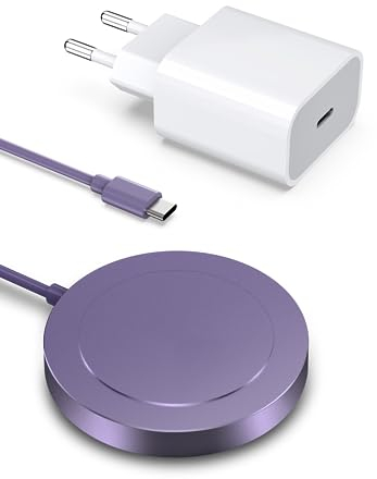 Mag-Safe Ladegerät Wireless Charger für iPhone: Magnet Ladestation Induktive kabellos Ladepad Kompatibel mit iPhone 17 Air 16e 16 15 14 13 12 und Air-Pods 4-2 Pro mit 20W Schnelles Adapter (Violett)
