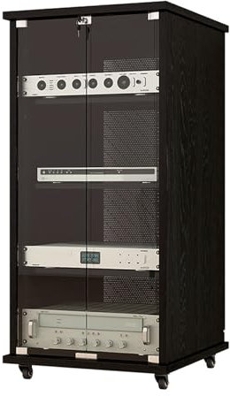GUAWJRZDP 4-stufiger 9. Audio Rack HiFi Regal, Phonoschrank mit Höhenverstellbaren Holzregalen, Mobiles Geschlossenes Plattenspieler Regal, Türen Aus Gehärtetem Glas, Kabelmanagement(Nero,24u)