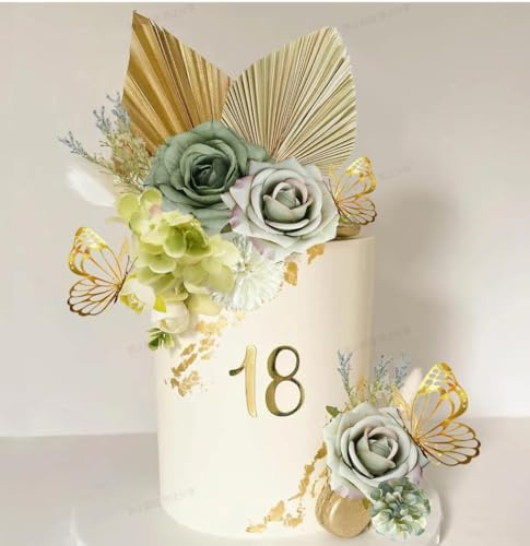 Boho Cake Topper Flower Cake Decorations Blue Cake Decorations Palm Leaves Butterfly for Wedding Baby Shower Birthday Party Supplies