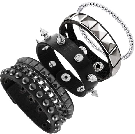 STIFFENERS Punk Accessories - 4 PCS Studded & Spike Bracelets, Black Gothic Rock Accessories for Men & Women