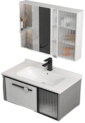 SXSYTR Badezimmer-Eckwaschbecken Mit Unterschrank, Wandmontiertes Keramikwaschbecken, Kleiner Waschtisch Set, Badezimmerschrank Mit Wasserhahn und Abfluss(71 * 47 * 40cm/28 * 18.5 * 16in)