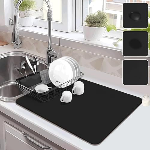 JAONLD Alfombrilla Escurreplatos,50*60 cm Alfombrilla Fregadero Cocina Plegable,Súper Absorbente Alfombrilla Secado de Platos Alfombrilla Cafetera para Encimeras de Cocina,Cafeteras(Negro)