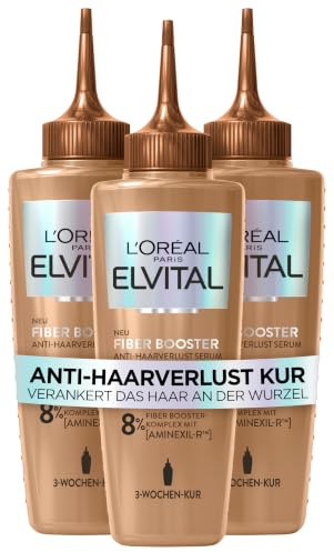 L'Oréal Paris Fiber Booster Anti-Haarverlust-Kopfhaut-Serum, Gegen Haarausfall, Für dichteres & stärkeres Haar, Generiert neue Haarfasern, Weniger Haarbruch, Gegen Haarverlust, Elvital, 3 x 102 ml