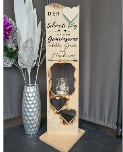 Holzaufsteller zur Hochzeit 2 Herzen geflammt, Holz Deko Schild Holzschild Eingangsschild mit Windlicht aus Glas, Der schönste Weg ist der Gemeinsame
