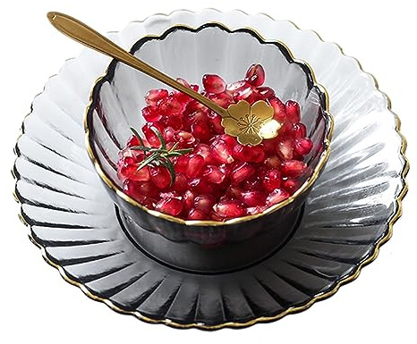 JKXLSLAX Transparent Petal Glass Bowl with Soup Spoon, Creative Dessert Bowl Set, Household Living Room Yogurt Bowl Snack Plate Glass 7.6-inch Fruit Plate(Grey)