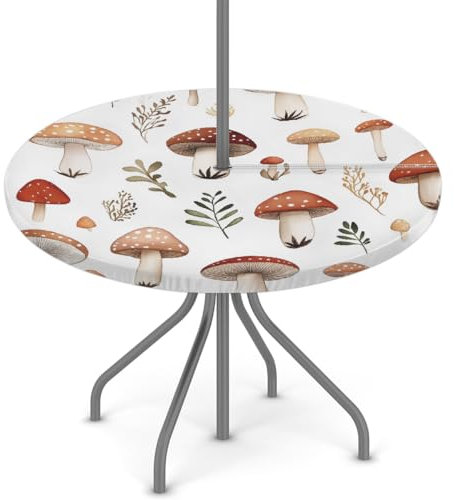 Woltant Tovaglia rotonda con foro per ombrellone e cerniera, facile da pulire, con bordi elastici, protezione per tavolo da giardino, patio, barbecue (motivo fungo)