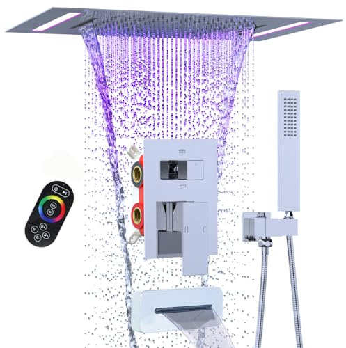 LED 2-in-1 Shower Head with Tub Spout, Hand Shower Faucet Mixer Set Chrome | Brass, Ceiling Mount 14x20inch Shower System, Concealed Valve, Luxury Rainfall Waterfall for bath, in Wall, Handheld and Taps