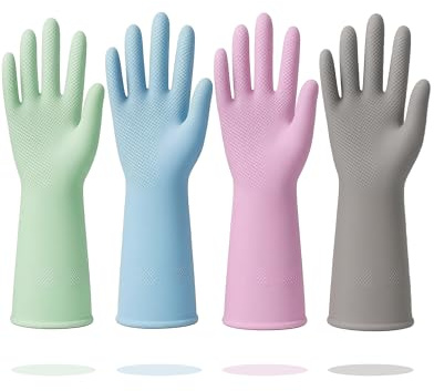Rubber Cleaning Gloves for Dishwashing, 4 Pairs Reusable Kitchen Gloves for Washing Dishes with Non-Slip Grip, Long-lasting & Flexible Latex Free Household Gloves for Woman Men Bathroom, Small