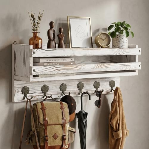 Bekrvio Garderobenleiste Holz mit Ablage, 6 Doppelhaken, 58 cm Wandgarderobe aus Kiefernholz, Rustikal Vintage, für Flur, Eingangsbereich, Schlafzimmer, Weiß