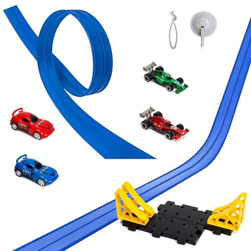 GROBRO7 Flexible Autorennbahn Kinder Spielzeugauto 5M Dual Rennstrecke mit | Rampen 4 Race Car, Rolls Up Rennbahn Mounts on Türen Wänden, STEM-Lernspielzeug für Jungen Mädchen Geburtstagsgeschenk, Blau