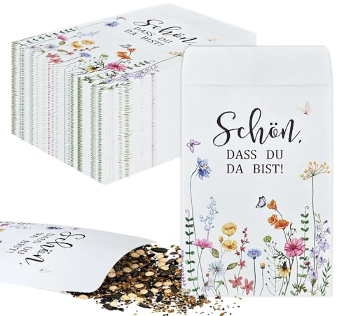GROVBLE Blumensamen Geschenk 100 Stück-Gastgeschenk Hochzeit Samentütchen | Schön dass du da bist | Dankeschön Geschenk für Gäste | Samentütchen ohne Samen für Hochzeit, Taufe, Kommunion & Geburtstag