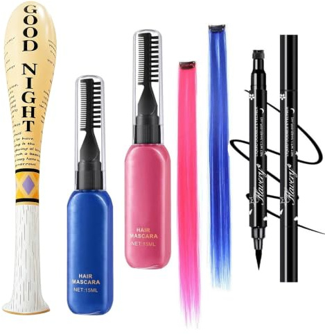 Halloween Karneval-Kostüm-Set,Temporärer Haarfarbe & Tattoos,Perückenstücken Rosa Blau mit Baseballschläger – Filmhelden-Look