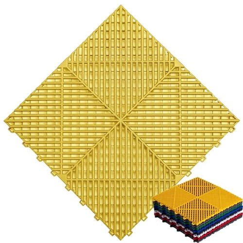 Ineinandergreifende PVC-Bodenfliesen, selbstentleerende Matten für Garage und Autowäsche, strapazierfähiger, modularer Bodenbelag, 40 x 40 x 1,8 cm, Gelb, 10 Stück ≈ 1,6 ㎡