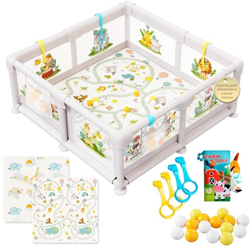 Baby Laufstall 150x150cm mit Illustrationen, Gepolsterter Spielbereich mit Wendbarer Matte, Stoffbuch, Bunten Bällen und Halteringen