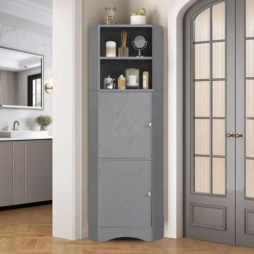 Ojiuboo, Armadio angolare moderno e minimalista con due scomparti, uno scomparto aperto e un ripiano regolabile, perfetto per il bagno (36,5 x 36,5 x 155 cm) (grigio)