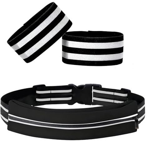 DouXryle Reflektor Gürtel mit Lauftasche, Reflektierender Laufgürtel, Schwarz, Elastisch, Universal, Verstellbar für Joggen und Fahrrad