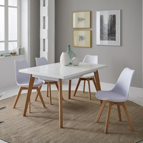 Meyvaser.com Ecommerce Company Table de salle à manger extensible blanche de style nordique avec pieds en bois de chêne - 140/180 x 90 x 75 cm - Design moderne et élégant avec plateau laqué en MDF