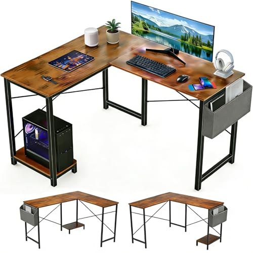 SageNest L-Shaped Corner Home Office Computer Desk, Gaming Desk with CPU Stand Shelf and Hanging Storage Pocket, Student Study Writing Table, Sturdy Metal Frame, 43.3 D x 50 W, Rustic Brown