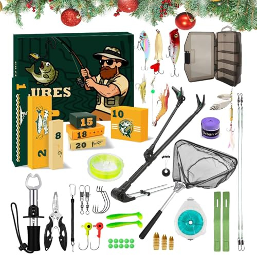 Adventskalender fiskedrag - 24 dagar festliga och roliga fisketillbehör, för adventskalender, för vuxna fiskare, pojkar och män