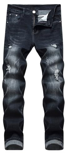 Herrjeans rippade jeans slim fit herr normal passform jeans stretch denimbyxor smala slitna byxor mode slitna byxor komfort flex midja byxor basic tonåring byxor för daglig användning, Svart, XS