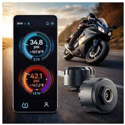 Hyphoon Motorcycle Tire Pressure Monitoring System, Bluetooth TPMS for Motorcycles – Real-Time Tire Pressure & Temperature Monitor with Dual External Valve-Stem Sensors, Waterproof Wireless TPMS
