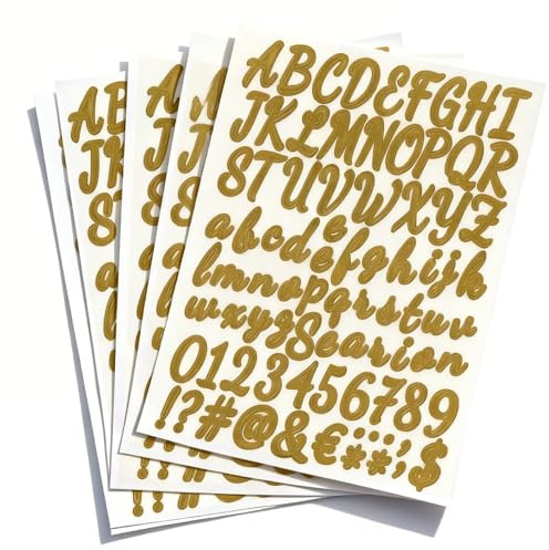 5 Sheets Personalised Gold Vinyl Letter Stickers, Self-Adhesive Waterproof Alphabet and Number Decals for DIY Crafts Scrapbook Mailbox Water Bottle Laptop & Party Decor