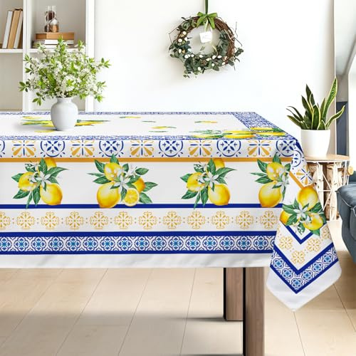 hometrixx Tovaglia Rettangolare Estate Piastrelle Mediterranee Limone Blu Tovaglie Antimacchia Poliestere Copritavolo per 4-6 Posti 140 x 180 cm Cucina Sala da Pranzo Giardino Esterno Compleanno
