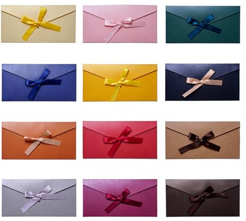 12 Stück Briefumschläge Bunt mit Schleife 22x11cm Perlglanzpapier Umschläge für Gutschein Verpackung Geburtstag Hochzeit Einladungskarten Briefumschlag Lang Geschenkverpackung Konzertkarten