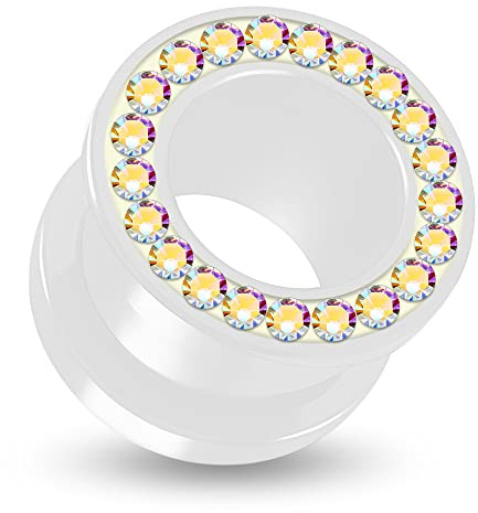 Weißer UV Acryl Double Flared Tunnel mit Regenbogen Kristall Steinen Glitzer Ohr Piercing Weiß Regenbogenfarben Fleischtunnel Verschiedene Größen Plug Tunnel Ohrring Männer Frauen