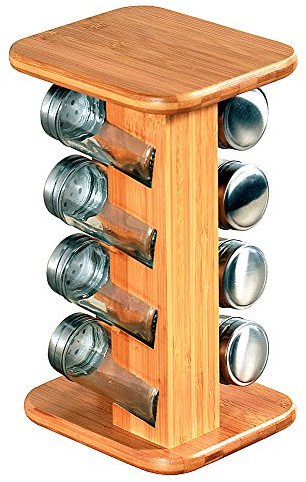 Kesper 58099 13 Gewürzregal mit 8 leeren Gewürzgläsern zum Befüllen Gewürzkarussell, Bambus, Braun