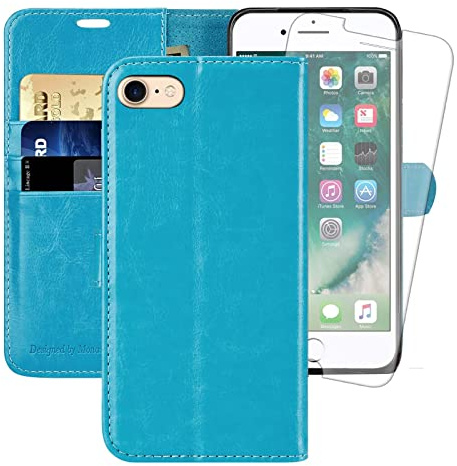 MONASAY iPhone 7/8/SE 2020/2022 Wallet Case, Flip Folio Leather Cover with RFID Blocking Light Blue