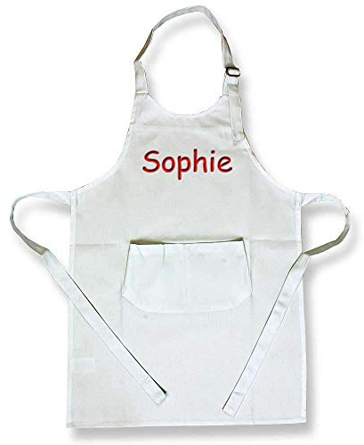 Feenstickerei Kinder Schürze 60x44 cm bestickt mit Namen Kinderschürze Kochschürze Basteln Kochen Werken Schule Garten Malschürze rosa rot hellblau dunkelblau grün weiß schwarz, Farbe:weiß