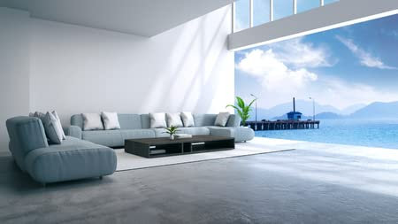 adrium Holz-Bild 140 x 80 cm: modernes zimmer in der nähe von strand mit himmel- und meerblick /3d-rendering (94371973)