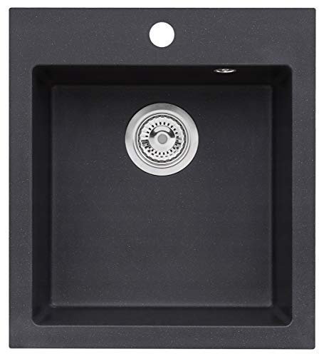 VBChome Spülbecken 45 x 50 cm Schwarz Einzelbecken Einbauspüle Spüle Küchenspüle eckig gesprenkelt + Siphon