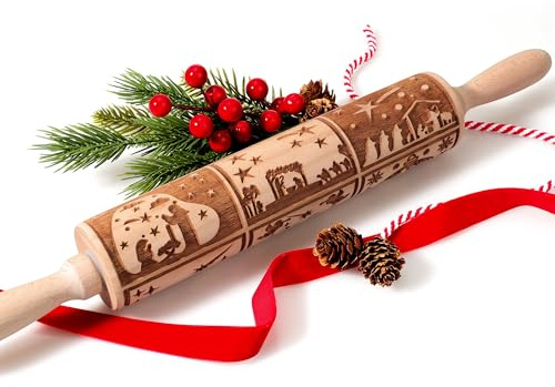 XINBADA Mattarello in rilievo con presepe natalizio, perfetto per decorare biscotti, mattarello in legno per biscotti e pasticcini, stampo per biscotti a tema natalizio