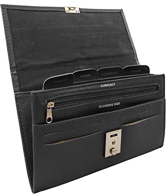 Woodland Leathers Passport Holder, Faux Leather Passport Holder Travel Wallet, Travel Document Wallet Organiser with RFID Credit Card Slot and Key Lock (Black)
