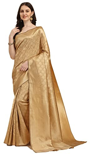 Jaanvi fashion Sari da donna Kerala Banarasi in seta con jacquard Zari da lavoro con camicetta non cucita, Oro, Etichettalia unica