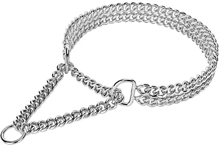 Silver Dog Chain Collar - Stainless Steel, Adjustable Walking, Metal Cuban Link, Chew Proof Double Row Chain Collar for Large, Small, Medium Dogs
