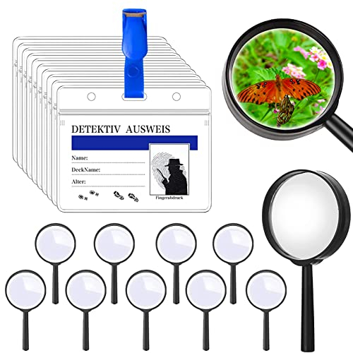 Meanju Detektive Lupe Kinder 10 Stück, Lupen mit Detektivausweis Ausweise und Clip, Lupenglas für Kinder, detektiv Kindergeburtstag, für Detektiv Spion Geheimagent Rollenspiel, Forscherset