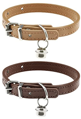 2 Stück Katzenhalsband mit entfernbarer Glocke PU-Leder Katzenhalsbänder für 15-23cm Halsumfang Verstellbare Länge, 1cm Breite, Kaffee & Khaki