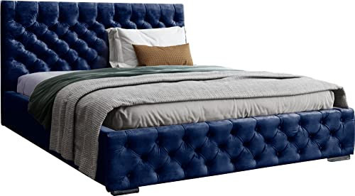 Samtstoff Polsterbett Doppelbett 140x200 160x200 180x200 cm Blau Bettgestell Mit Bettkasten Lattenrost und Gestepptes Kopfteil - Hydrophobe Stoff - Chesterfield-Stil - Dunkelblau - 160 x 200 cm