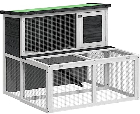 vidaXL Kaninchenstall, Hasenstall mit Nistkasten Freilaufgehege, Kaninchenkäfig für Außenbereich, Kleintierstall Kleintierhaus, Grau Massivholz Kiefer