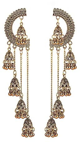 Multiple Jhumki Bell Beaded Long Chain Tassel Big Dangle Earrings for Women Girls Fashion Bohemian Indian Chandelier Large Statement Drop Half Circle Stud Earring Dangling Jewelry Gifts (Gold)