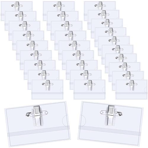 Unvtap 30 Stück Namensschilder 90 * 56mm Transparent für Kleidung, PVC Ausweishülle Mit Clip und Anstecknadel für Schule, Unternehmen, Konferenzen