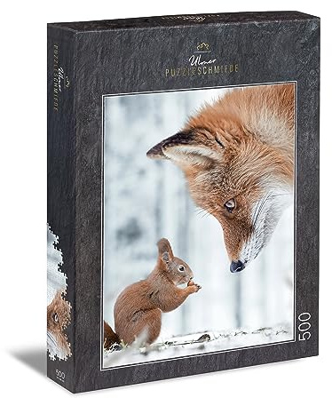 Ulmer Puzzleschmiede - Puzzle „Fleißig & Schlau“ - Pfiffiges 500 Teile Tierpuzzle – Eichhörnchen und Fuchs im Winterwald - Tiere verblüffend in Szene gesetzt - Puzzle-Qualität Made in Germany