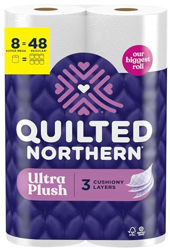 Quilted Northern Ultra Plush Toilet Paper, 8 Super Mega Rolls = 48 Regular Rolls, 3X Thicker*, 3 Ply Soft Toilet Tissue