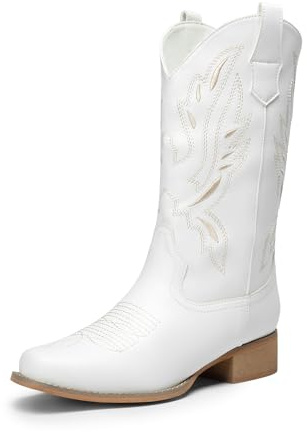 DREAM PAIRS Women's Mid Calf Cowboy Cowgirl Boots,White-1,7.5