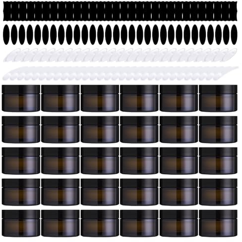 Yauhar 120Pcs 50g Amber Glass Jars Assortment Kit with Inner Liners and Black Lids, Spoons and blank labels for Storing Lip and Body Scrub, Lotion, Body Butter, Bath Salts