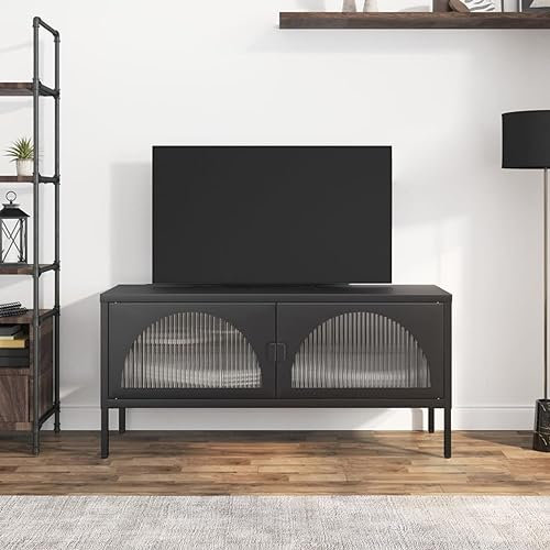 Rantry TV-Schrank, Glas und Stahl, schwarz, 105 x 35 x 50 cm, TV-Schrank, Wohnzimmer, Esszimmer, Couchtisch, Fernseher, Musikausrüstung, Unterschrank, Aufbewahrung, TV-Möbel